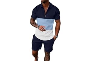 UOUA Mens Summer Track Suits 2 Piece Shorts Sets Short Sleeve Sweatsuit Outfits 1/4 Zip Golf Polo Splicing Striped Shirts