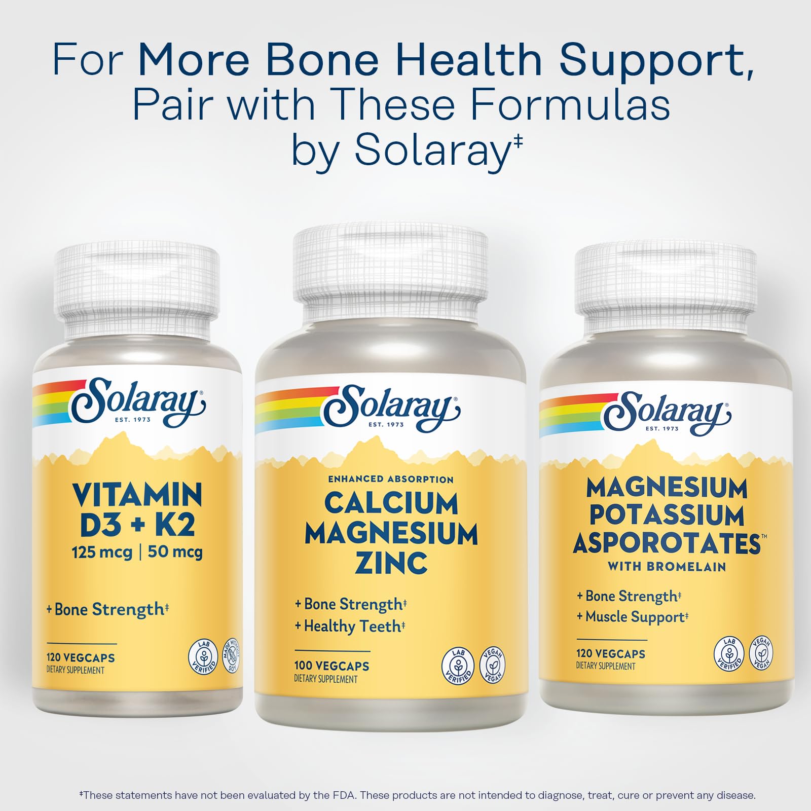 SOLARAY Calcium Magnesium Zinc Supplement - with Calcium 1000mg, Magnesium 500mg - Bone Health, Muscle Function, Heart Health and Immune Support - Vegan, 60 Day Guarantee, 25 Servings, 100 VegCaps