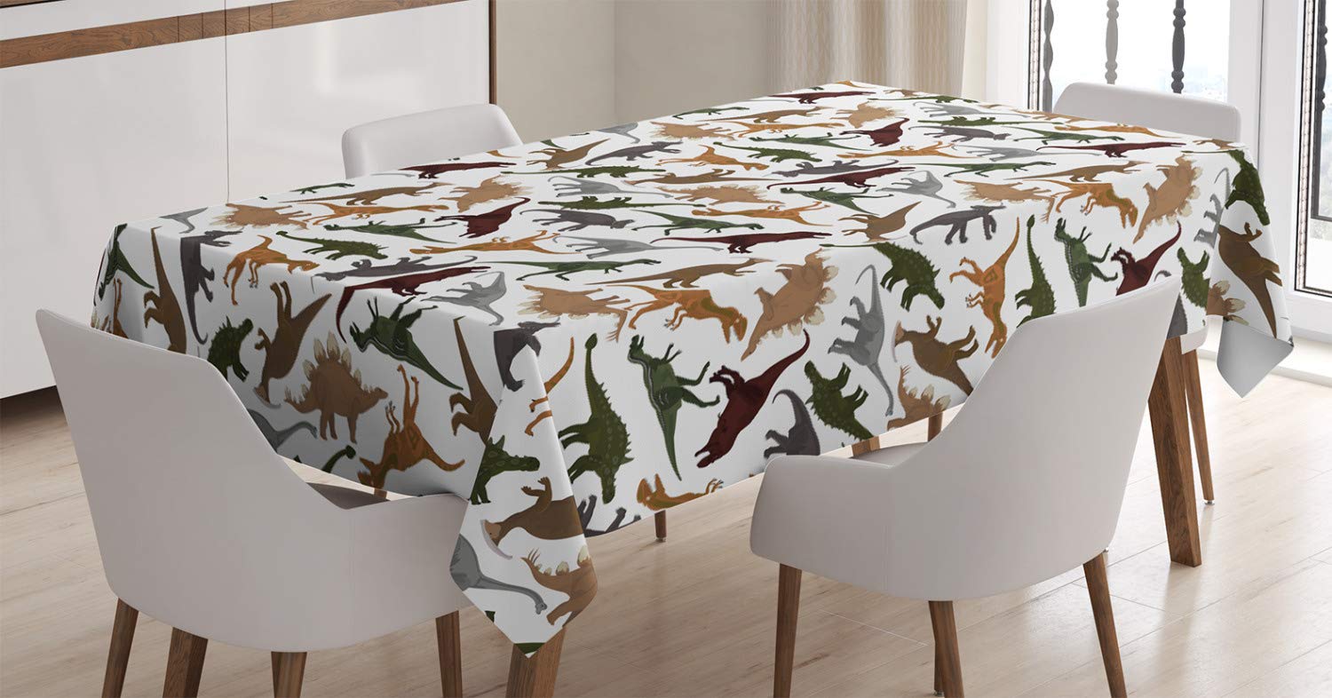 ABAKUHAUS Jurassic Tablecloth, Pattern Dinosaurs Enormous Museum History Cartoony Illustration, Dining Room Kitchen Table Cover, 54" x 66", Dark Orange Burgundy Brown