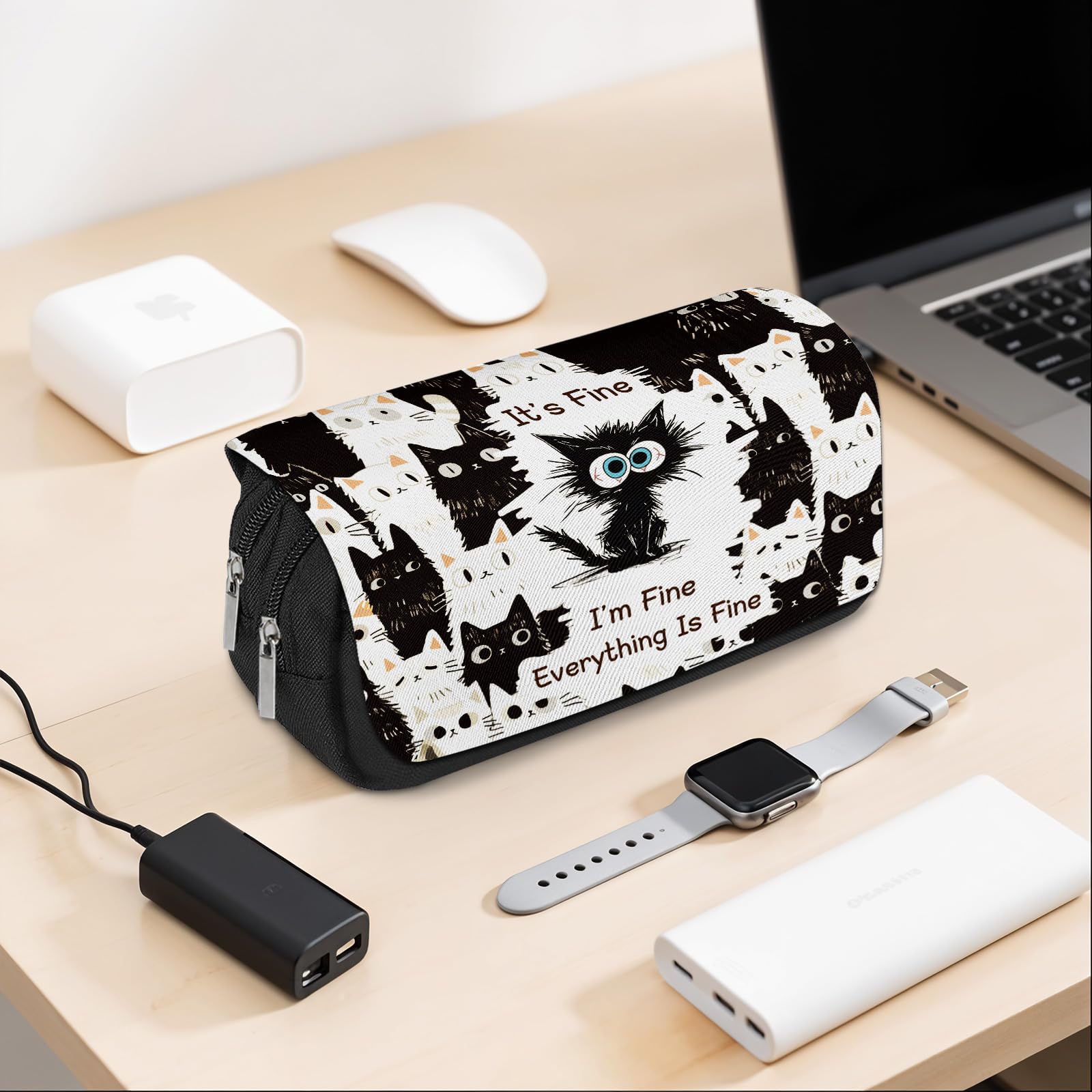 Cat Pencil Case for Boys Girls Cartoon Black Cat I'm Fine Pencil Pounch Large Capacity Flip Top Pen Bag with Zipper Back to School Supplies Cats Themed Pen Holder Office Student Stationery Box