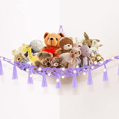 VISATOR Teddy Macrame Hamock for Stuffed Animals Purple Storage Net with LED