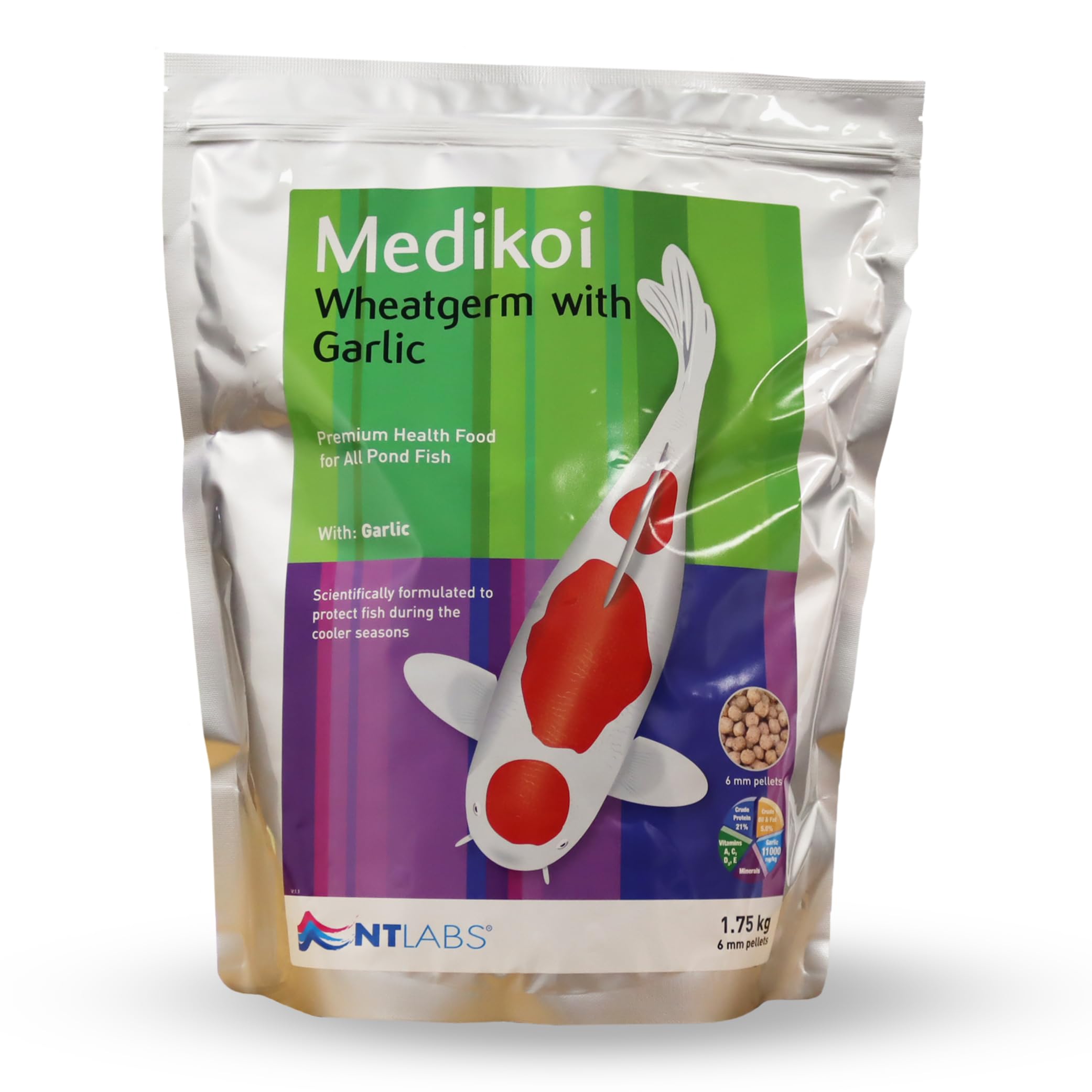 NT Labs Medikoi Wheatgerm With Garlic, Complete Feed For All Pond Fish, Ideal For Late Autumn, Winter & Early Spring Feeding, Maintains Immune System, Koi Fish Food (1.75kg, 6mm)