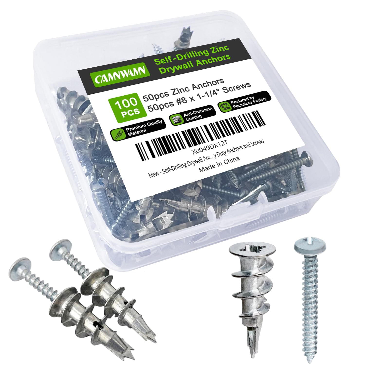 Photo 1 of #8 Zinc Metal Self-Drilling Drywall Anchors, 100pcs (50 Anchors+50 Screws) Hollow Metal Wall Anchors and Screws Kit with Cross Groove Drill Bit, 50pcs Heavy Duty Anchors 50pcs #8 x 1-1/4" Screws