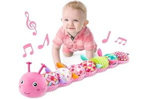 LIGHTDESIRE Baby Toys Musical Caterpillar,Infant Stuffed Animal Toy with Crinkle and Rattles,Soft Sensory Toys with Textures for Tummy Time Newborn Boys Girls 0 3 6 12 Months(Pink)
