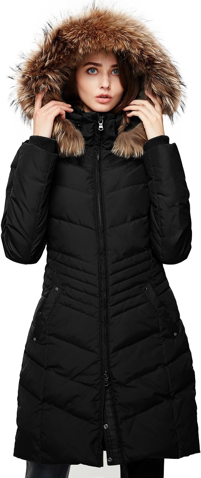 Women's Down Jacket Winter Long Parka Coat with Raccoon Fur Hooded