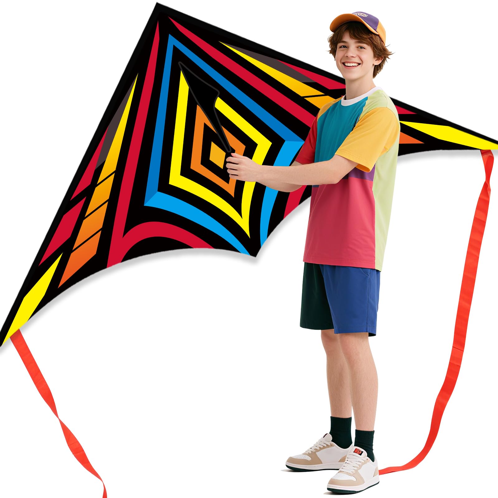Larilook Delta Kites for Kids and Adults, Easy to Fly Kite, beginner kites for kids ages 4-8,Kite Handle and Line Included, (Red-O)