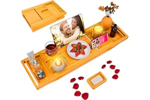 BESHOF Foldable Bathtub Caddy Tray, Bamboo Bath Tub Tray Table for Tub with Wine Glass Holder Book Phone Tablet Holder with Extending Sides, Adjustable Bathroom Bathtub Free Soap Holder Gift Idea (Beige)