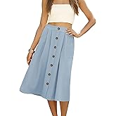 Naggoo Womens Summer Skirts Casual Front Button A-Line High Waisted Midi Skirt with Pockets