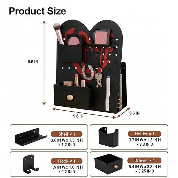 MAGNETIC PEGBOARD ORGANIZER FOR OFFICE DESK, MAKEUP VANITY, STATIONERY STORAGE, GAMING DESKTOP WITH 4 METAL ACCESSORIES DRAWER HOLDER HOOKS MODULAR – HOME DECOR TABLETOP DISPLAY KIDS ROOM – BLACK