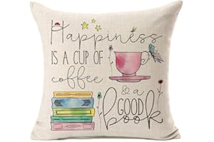 Acelive 18x18 Inches Happiness is A Cup of Coffee & A Good Book Cotton Linen Throw Pillow Case Cushion Cover for Valentine's Day Gift Christmas