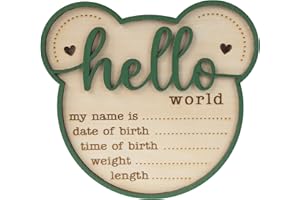 CUNCUN Hello World Wooden Birth Announcement Sign, 6.2 inch Round Nursery Photo Prop, Baby Name Weight Length Date Time Plaque (BB60)