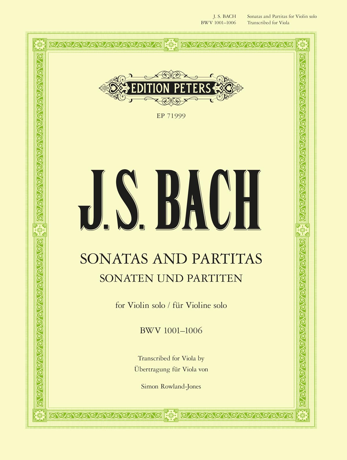 Bach: Sonatas and Partitas for Violin Solo BWV 1001-1006 (Transcribed for Viola) (EP71999) (Edition Peters)