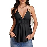 Rooscier Women's Halter Deep V Neck Backless Sleeveless Ruched Peplun Sexy Cami Tank Tops