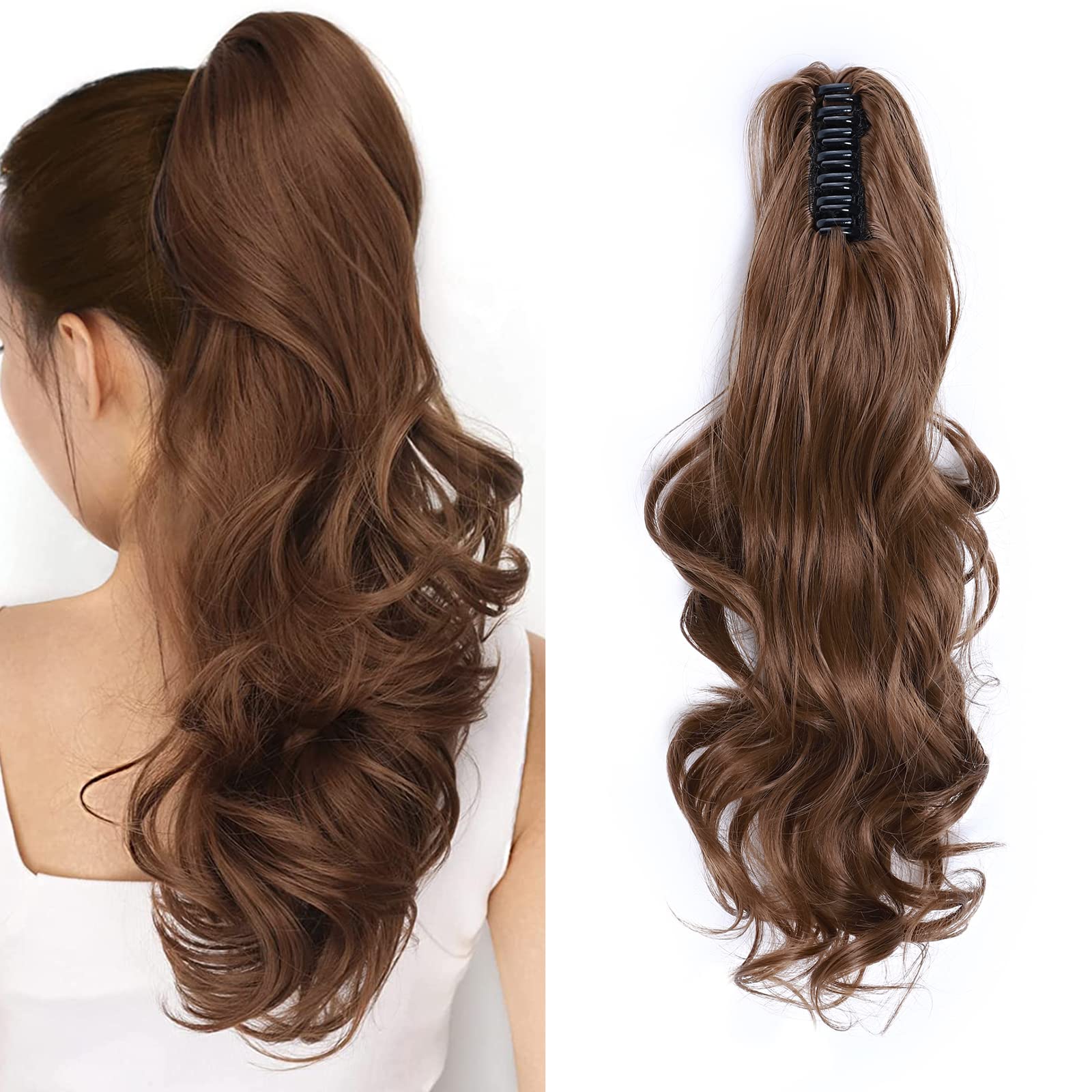 Claw Clip in Ponytail Hair Extension Synthetic Hair Extensions Hairpiece One Piece Long Pony Tails 18inch Wavy - Light Brown