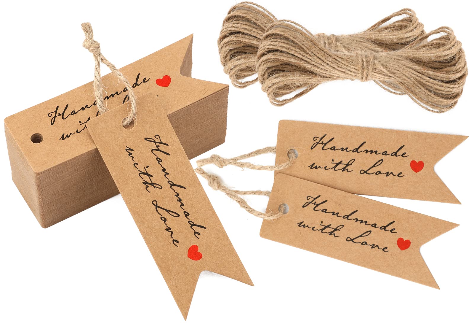 jijAcraft 100 Pcs Handmade Kraft Paper Gift Tags - Brown with Jute Twine (7X2.5CM) for Crafts & Valentines
