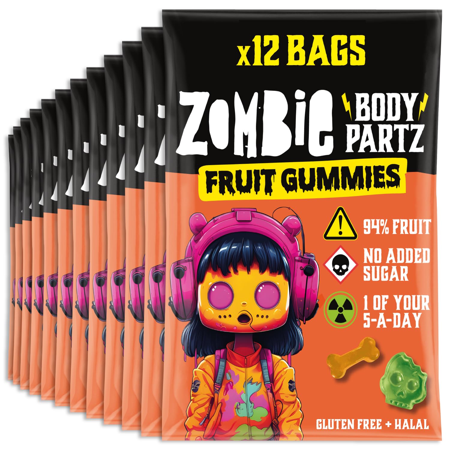 Zombie No Added Sugar Sweets, Fruit Gummies (12 Bags), 94% Fruit, Vegan, Healthy Snacks for Adults, Kids, Low Calorie, Gluten Free, Halal, Bulk, Jelly, Tub, Vegetarian, Party Bags, Gummy, Multipack