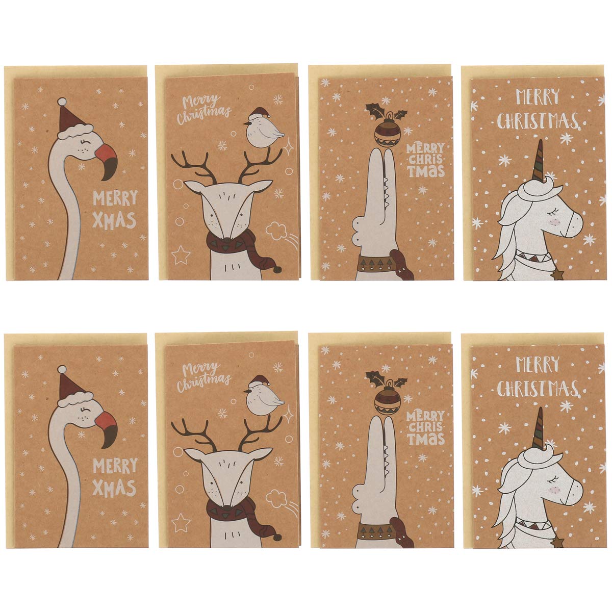 Pack of 8 x Kraft Christmas Cards with Envelopes - Original Christmas Card Pack for Boys and Girls - Modern Design - Flamingo, Reindeer, Crodocile and Unicorn to Write a Word