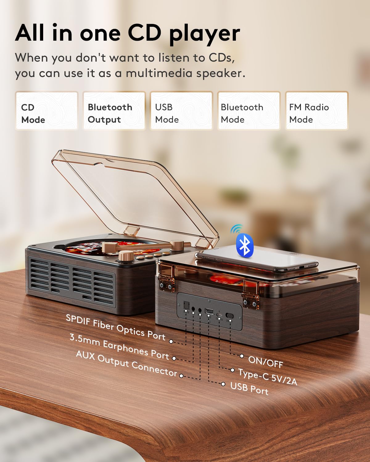 CD Player with Speakers Bluetooth Nostalgic Retro Portable CD Players for Home Wood Music Player FM Radio for HomeWired and Remote Control-Walnut Brown
