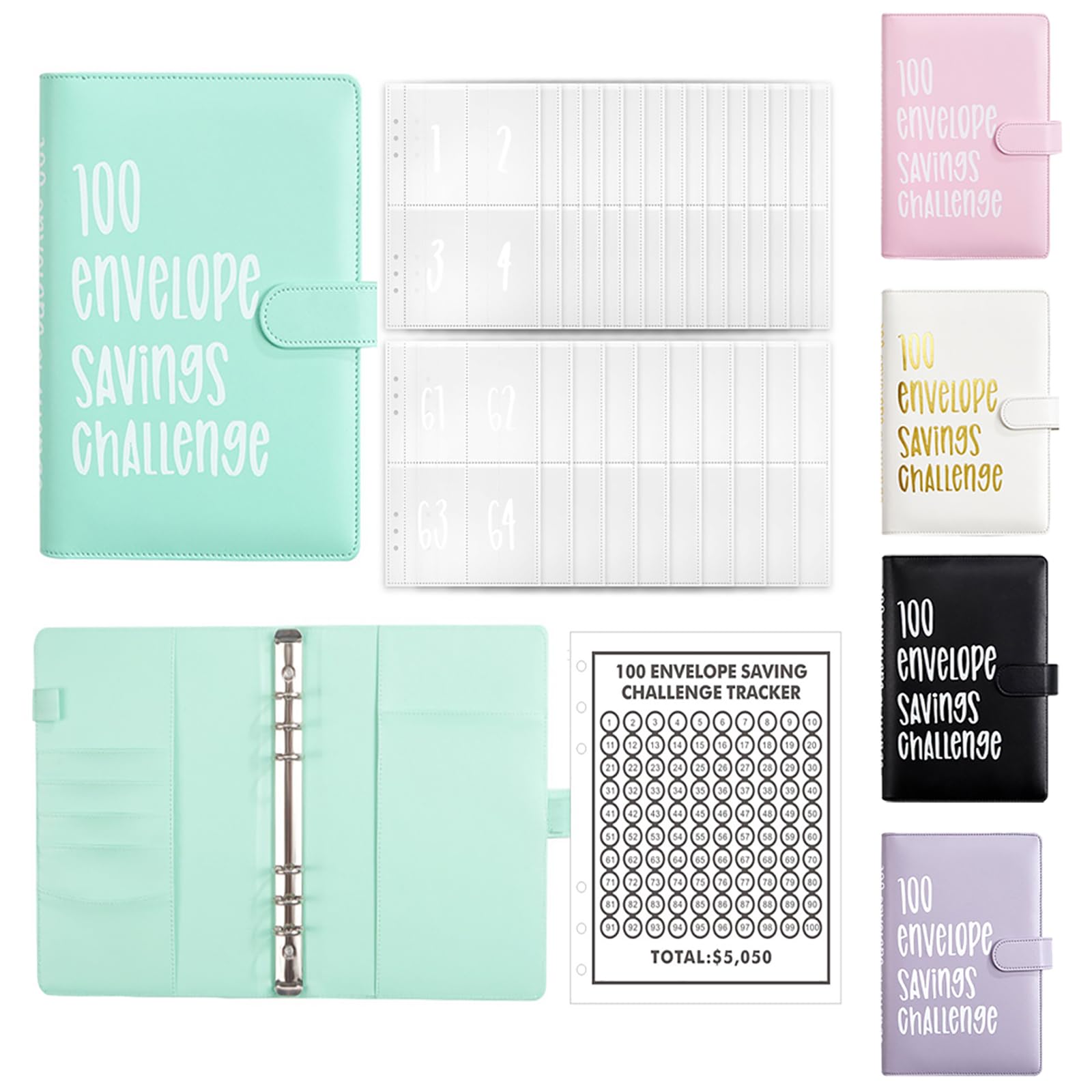 AMONENZ Green Money Organiser, Leatherette Savings Book, Cash Stuffing Binder, with 100 Envelopes, for Families and Schools