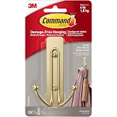 Command Large Satin Brass Double Hook, 1 Hooks and 1 Strip, Damage-Free Hanging Wall Hooks with Adhesive Strips, Coat Hooks for Hanging Christmas Decorations, Holds up to 4 lb