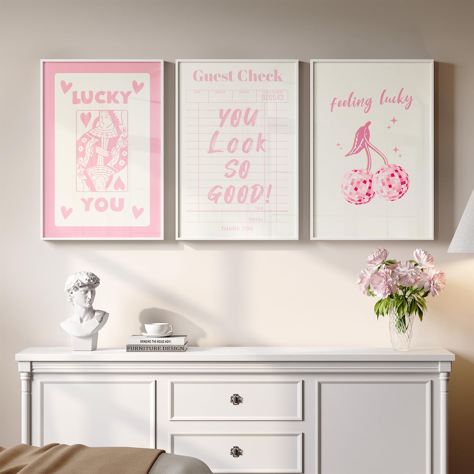 Photo 1 of Framed Pink Wall Art for Room Decor Aesthetic, Poker Wall Decor Large Modern Cherry Trendy Lucky You Artwork for Bedroom, 3 Piece Preppy Guest Cheek Funky Queen of Hearts Painting Print 16x24 Inch