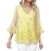 Bebonnie Womens Dressy Casual Tops Ruffle 3/4 Sleeve V Neck Floral Chiffon Blouses
