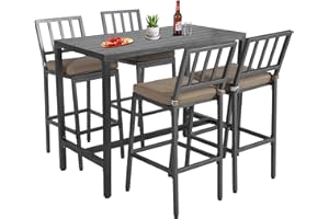 Sumshadow Outdoor Patio Bar Set, Bar Height Patio Dining Set, Weather-Resistant Bistro Counter Pub Set with Cushions & Slatted Tabletop for Backyard (Gray, 47" Wide Table, 4 "I Style Stool)