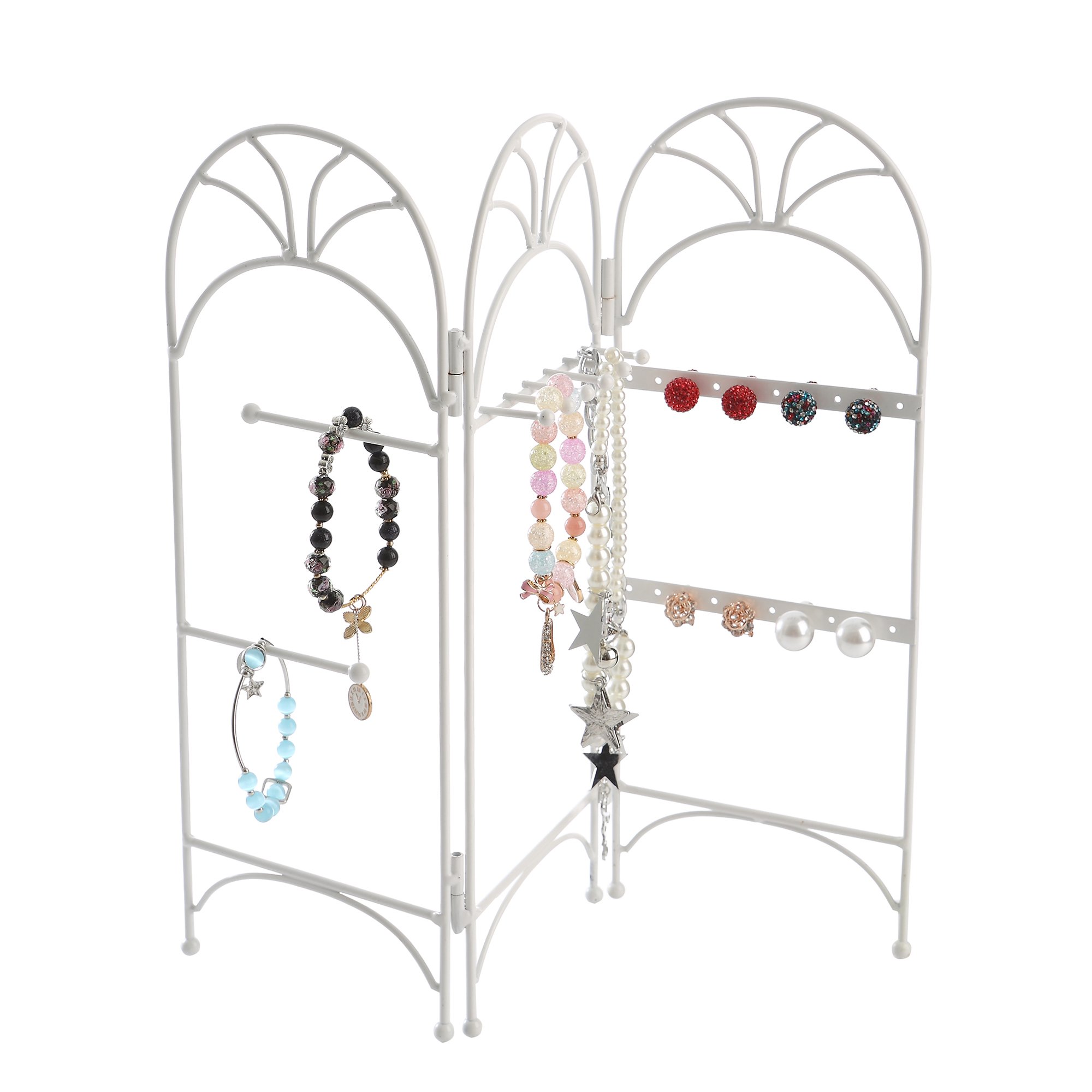 Modern White Metal 3 Panel Trellis Folding Jewelry Hanger Organizer for Bracelet, Earrings, Necklace