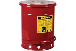 Justrite 09308 SoundGuard Galvanized Steel Oily Waste Safety Can with Foot Operated Cover, 10 Gallon Capacity, Red