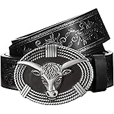 Western Cowboy Belts for Men Women,Western Belt with Bull Buckle, Country Longhorn Bull PU Leather Belt for Jeans