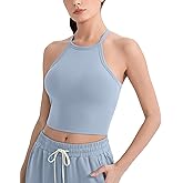 CICI FIVE Sport Tank for Women Seamless Rib-Knit Crop Tank with Built-in Bra Halter Neck Activewear Y2K Workout Camisole