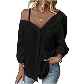 MakeMeChic Women's Off The Shoulder Tops Long Sleeve Button Down Linen Shirts Casual Blouse Top