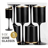 PLASTICPRO 10 Pack Plastic Wine Goblets 9 oz Disposable Wine Glasses with Stem Reusable Hard Plastic Drinking Glasses for Parties Weddings, Black with Gold Rim