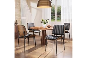 YaFiti Dining Chairs Set of 4, FSC Certified Mid Century Modern Dining Room Kitchen Chairs, Upholstered PU Leather Vertical Stripe Chairs for Vanity with Walnut Bentwood and Metal Legs, Black