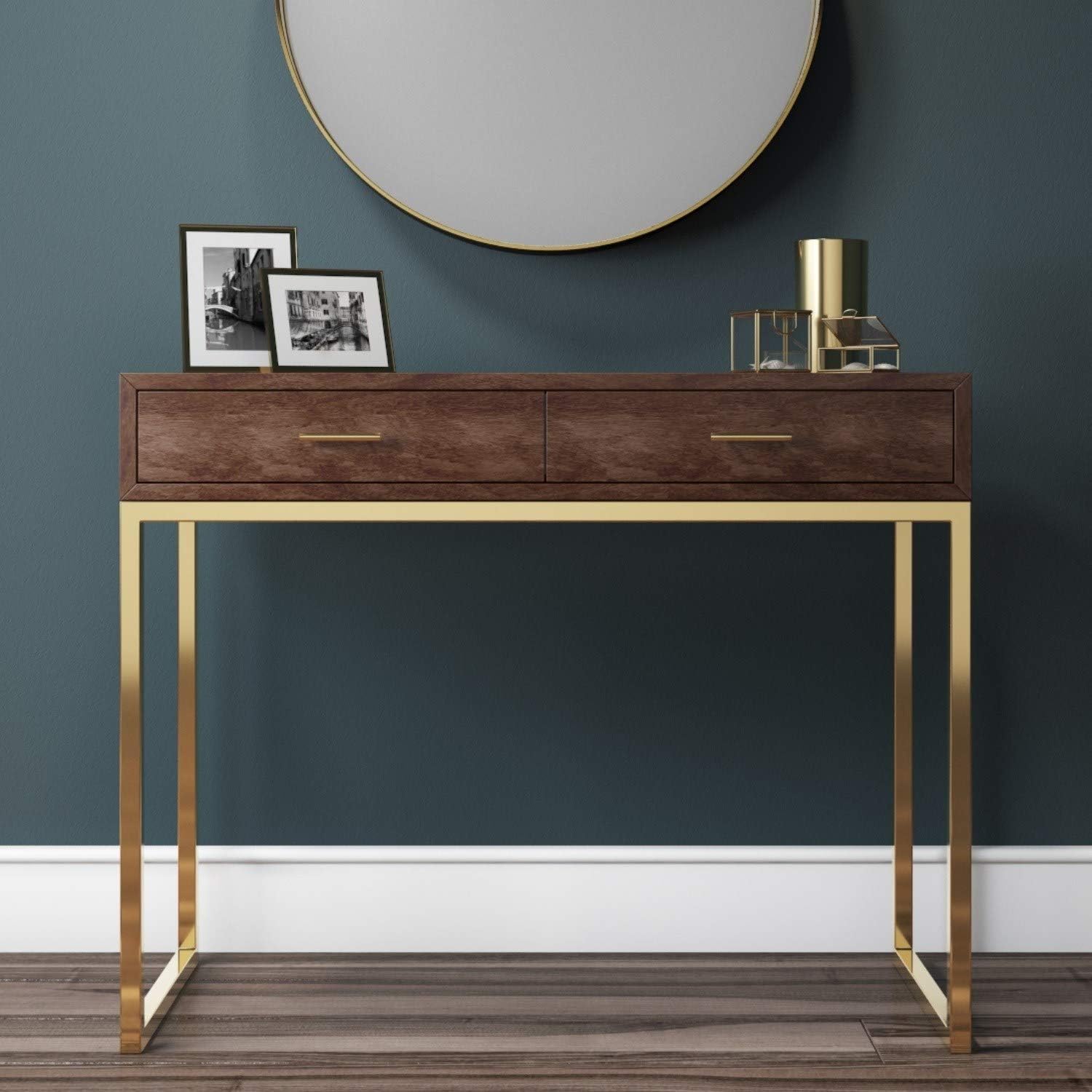 AUBREY Walnut 2 Drawer Dressing Table with Gold Legs Amazon.co.uk
