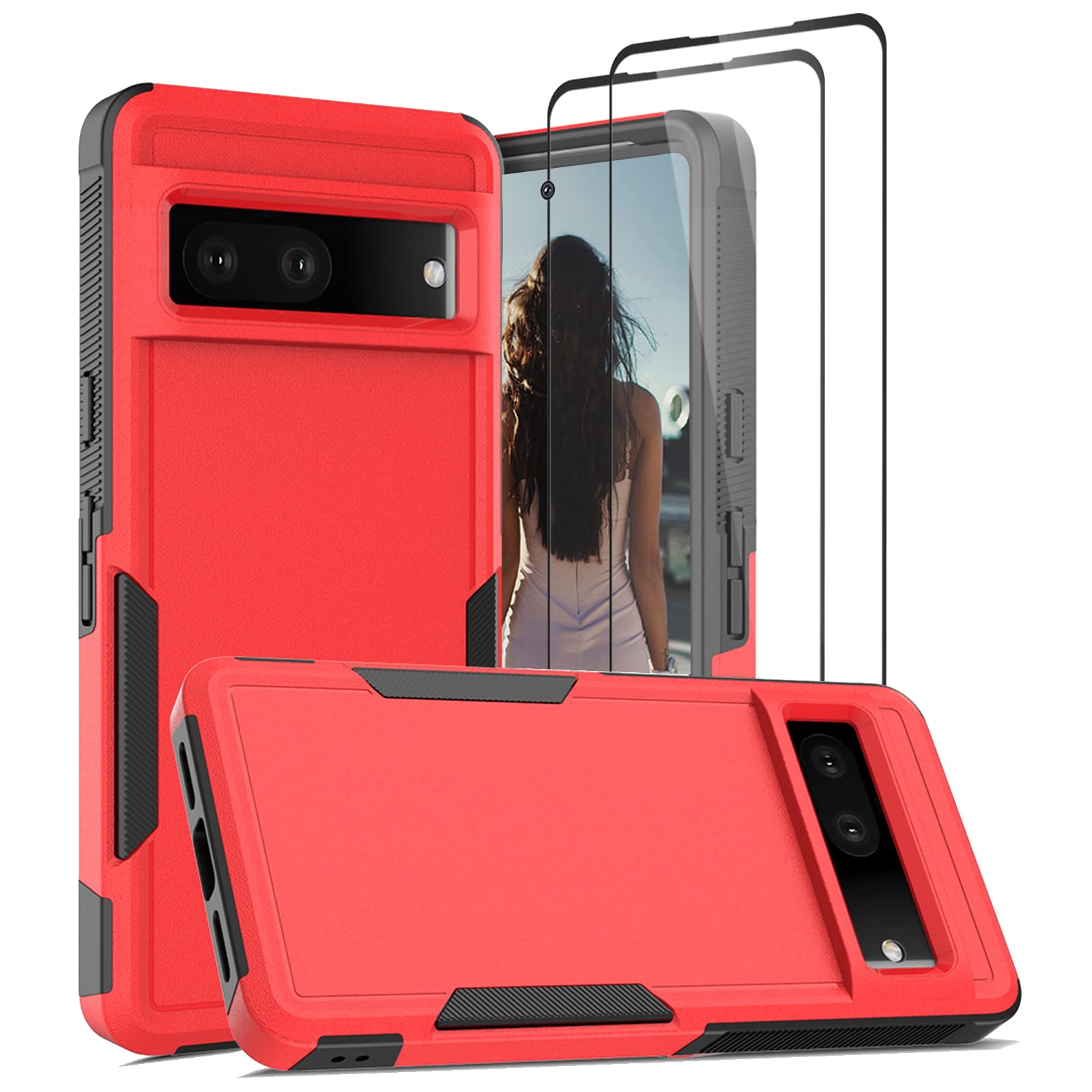 Jeylly for Google Pixel 7 5G Case with 2 Pack Tempered Glass Screen Protector, Military Grade Heavy Duty Dustproof Drop Proof Hybrid Rugged Phone Cover for Google Pixel 7 5G, Red