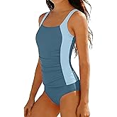 HOTOME Girls Tankini Swimsuit Two Piece Solid Color Blocking Ruched Slimming Bathing Suit for Teen Girls' Swimwear 9-18Y