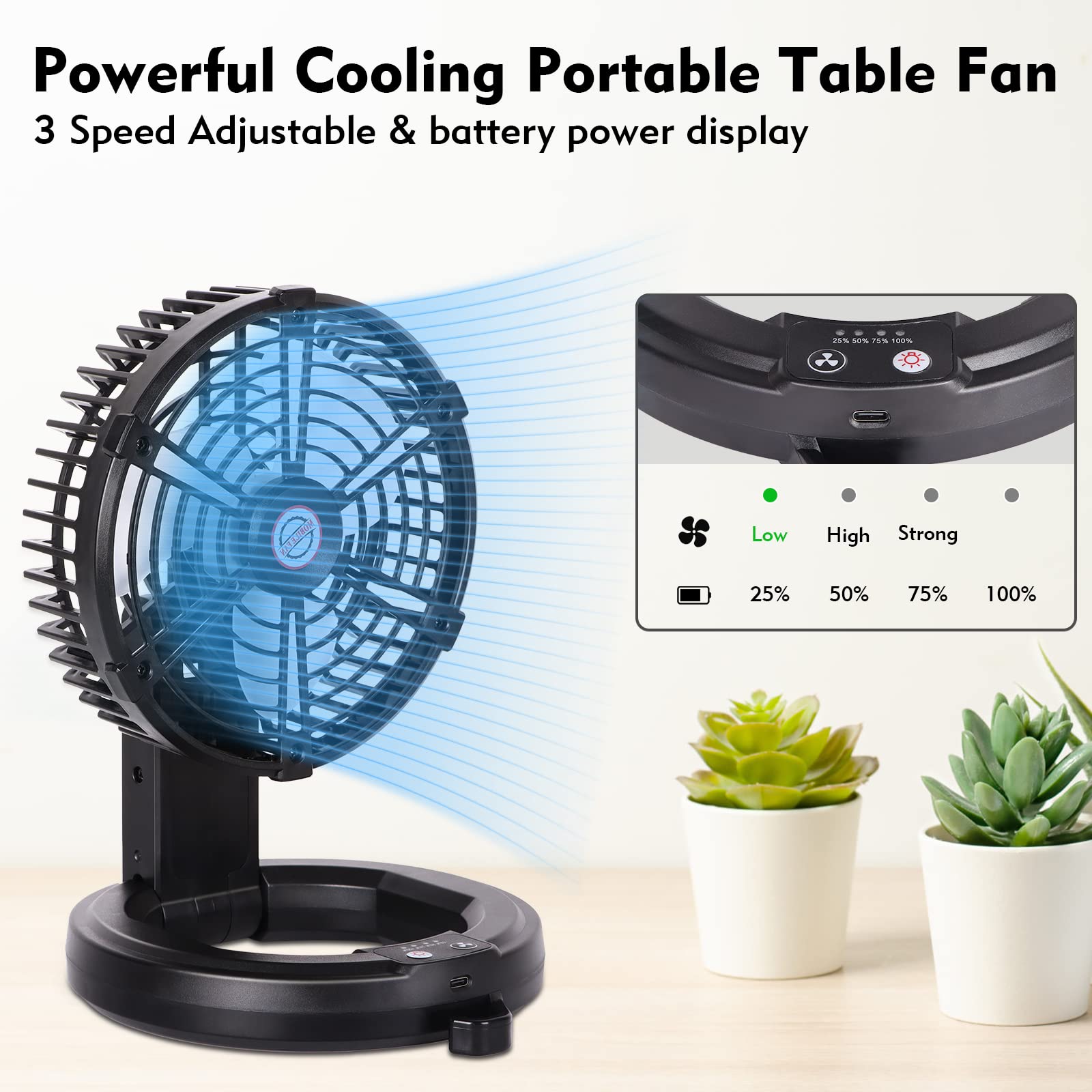 RUNTOP Portable Fan Battery Operated, Rechargeable Foldable Camping Fan with LED Light & Hanging Hook, USB Small Table Fans for Tents Travel, Home Office Bedroom,3 Speeds Battery Powered Desk Fans