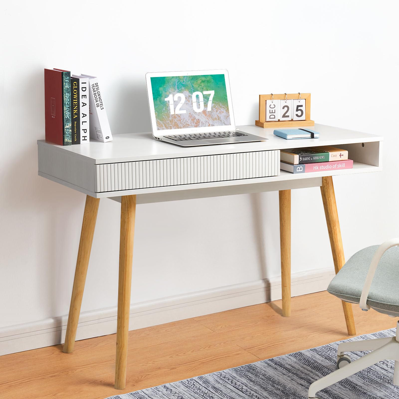 Photo 1 of Artswish White Writing Desk Modern Desk Wooden Desk with Drawer, Small Office Desk Simple Computer Desk Makeup Table, White Oak