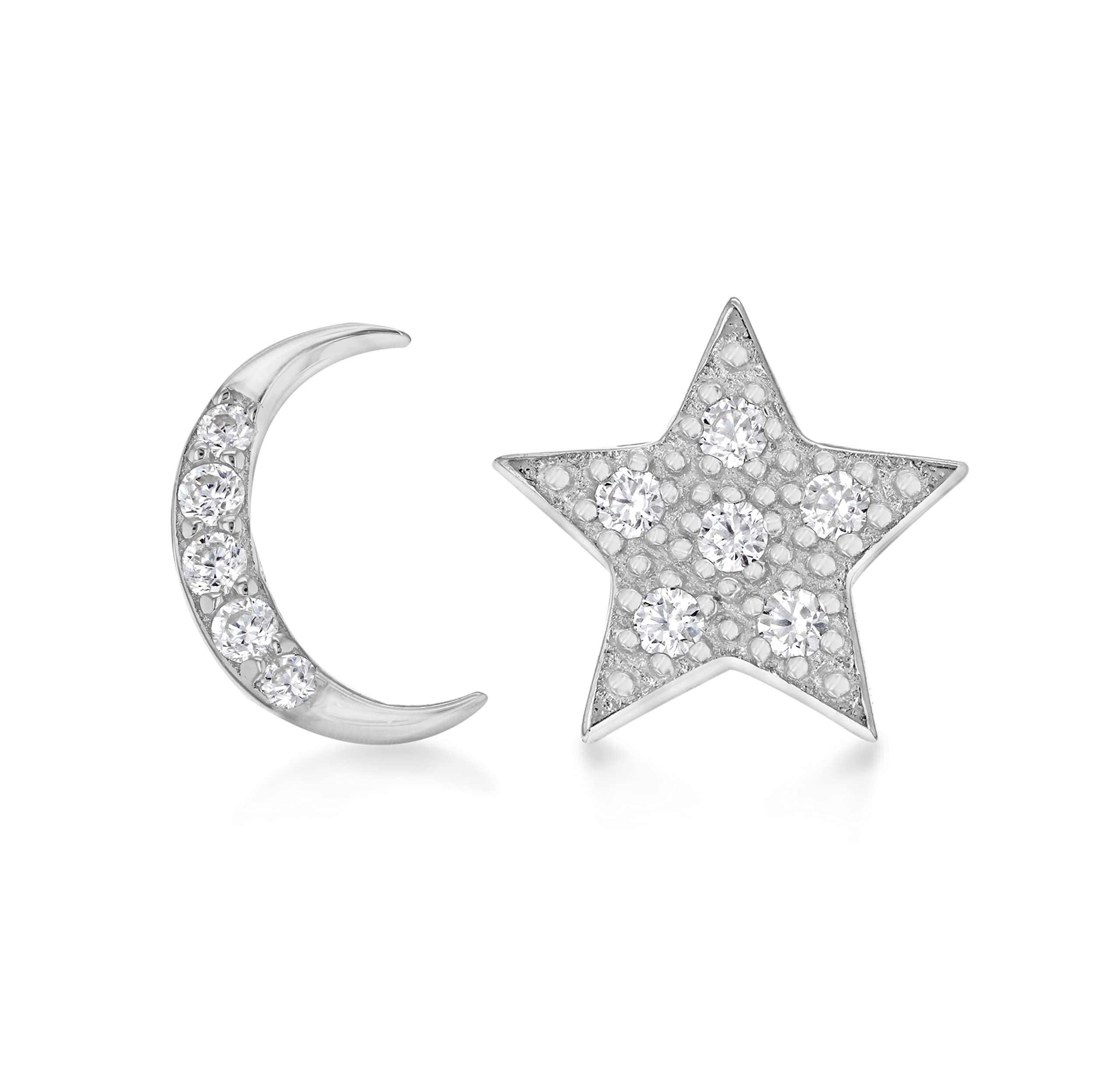 Tuscany Silver Women's Sterling Silver Rhodium Plated Cubic Zirconia 7.2 x 11.4 mm Moon 9.9 x 9.3 mm Star Stud Earrings