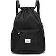 FUXINGYAO Drawstring Backpack Sports Gym Bag with Shoes Compartment, String Backpack Cinch for Women Men (Black)