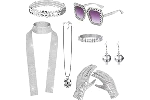 6pcs 70s Disco Accessories Set - Disco Outfits for Women with Glasses, Earrings, Gloves, Bracelet, Headband & Sequin Shawl