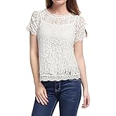 Allegra K Women's Lace Floral Scalloped Trim Short Sleeve Semi Sheer Top