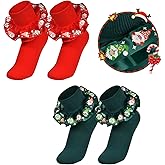 KUANINUNAR Women Ruffle Ankle Sock Adult Double Lace Turn Cuff Cotton Frilly Dress Cute Dwarf Xmas Sock with Merry Christmas