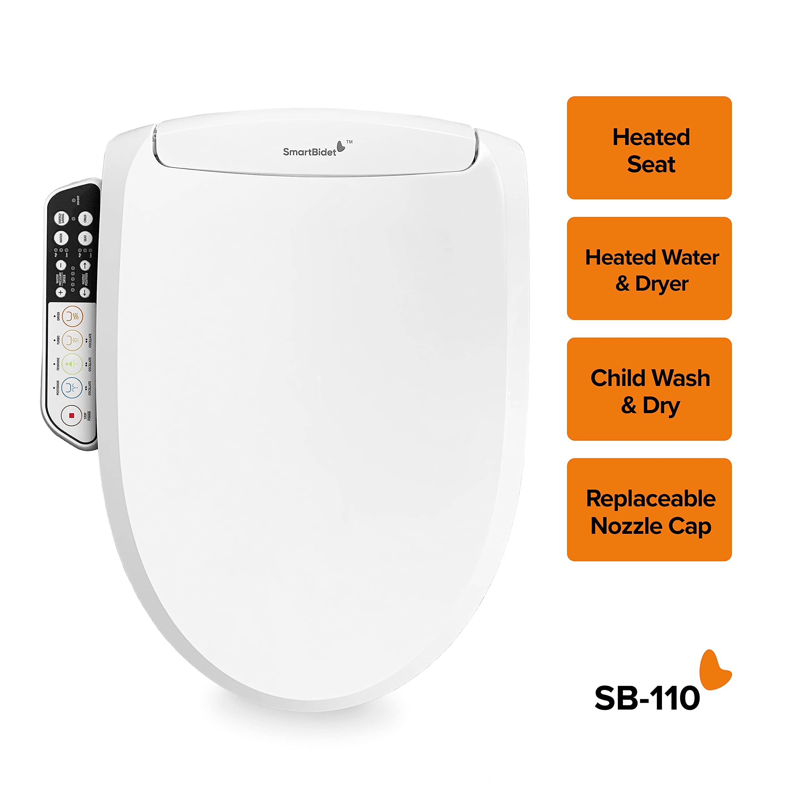 SmartBidet® SB-110 Electric Smart Bidet™ Seat for Elongated Toilets with Control Panel, Stainless Steel Nozzle with Removable Nozzle Cap, Child Wash Function, Slim and Strong Design