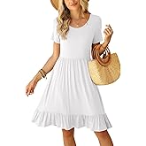 LILBETTER Round Neck Knee Length Dress for Women with Pockets Casual Summer Short Sleeve Pleated Ruffle Hem Short Dress