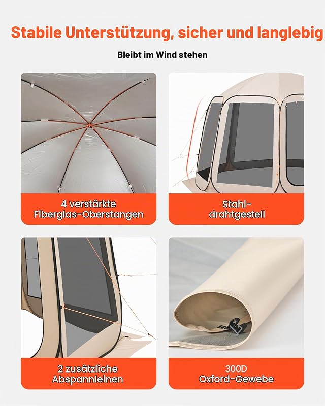 Pop-Up-Zelt, 365,76x335,28 cm, tragbares Campingzelt für 10–12 Personen, mit Netz, Tragetasche, Seitenwänden und Heringen, für Garten, Terrasse und Outdoor-Aktivitäten, Beige