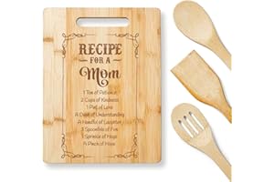 KITCHENVOY Mom Cutting Board Recipe - Birthday Presents for Mom from Daughter, Son - Best Mother Cutting Board Gift- Mother's Day Gifts for Mother in Law - Mother Cooking Board with Utensil