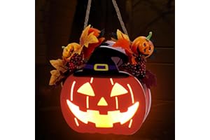 QEQEKAKA Halloween Pumpkin Lights 10" Jack O Lantern Pumpkin, with Maple Leaves, Berries, Twigs, Witch's Hat for Halloween Indoor/Outdoor Decoration, Halloween Door Wreath, Light up Pumpkin Decor