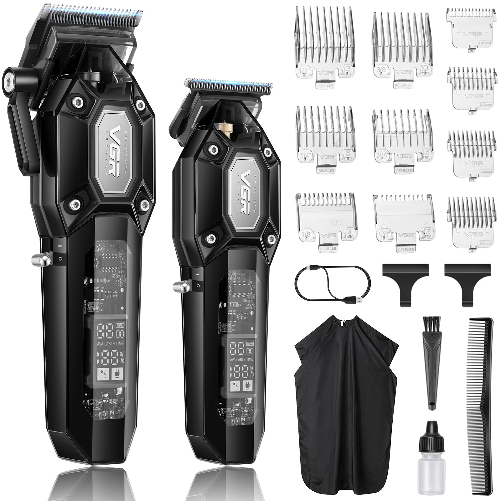 VGR Professional Hair Clippers for Men, Cordless Barber Clipper and Trimmer Set, Mens Hair Cutting Kit with 10 Guide Combs, USB Rechargeable Haircut Machine for Family, LED Display, Black